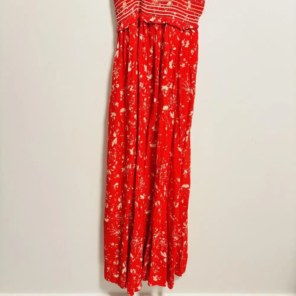 Free People Dress Womens Small Red Palazzo Jumpsuit My World Smocked Maxi NWT